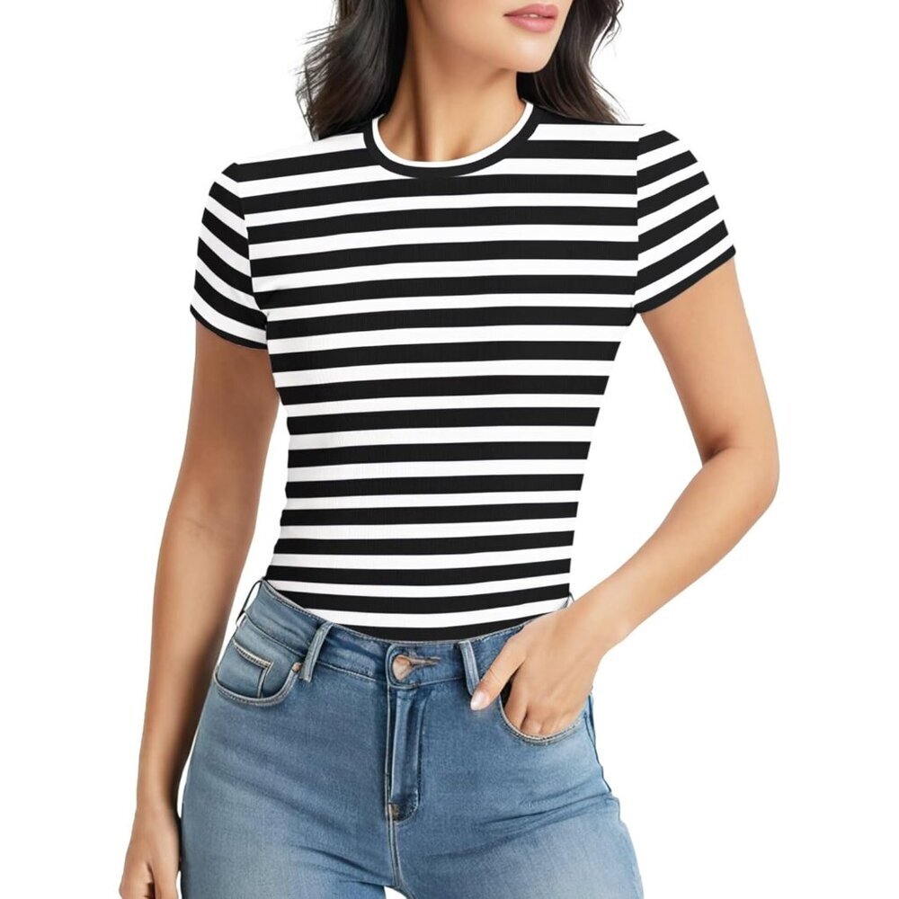 Women’s Short Sleeve Striped Crewneck T-Shirt Fitted Ribbed Stretchy Top